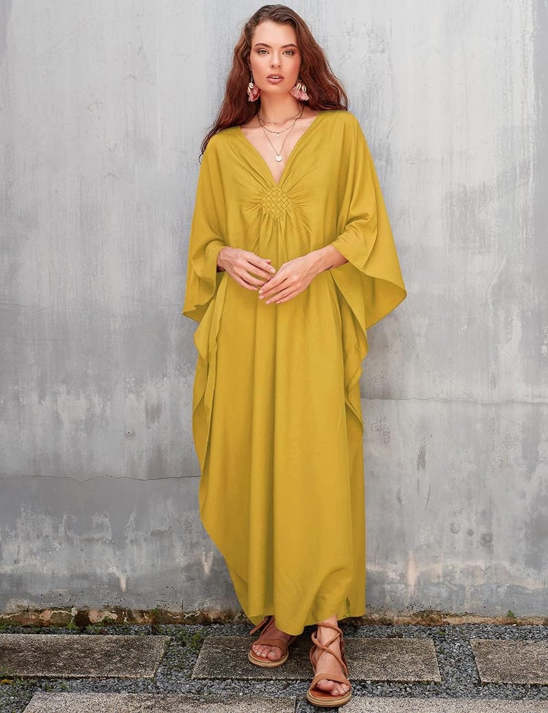 Bsubseach Women Solid Color Cover Up V Neck Batwing Sleeve Plus Size Beach Kaftan Dresses - Image 3